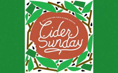 graphic apple and leaves, text reads Cider Sunday: Pick Your Own Apple & Cider Festival