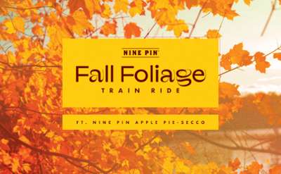 fall leaves background, text on yellow overlay reads fall foliage train ride