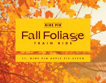 fall leaves background, text on yellow overlay reads fall foliage train ride