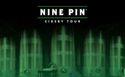 black background, green tanks, text reads Nine Pin Cidery Tour