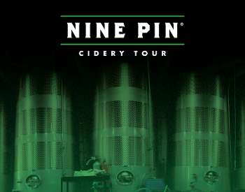 black background, green tanks, text reads Nine Pin Cidery Tour