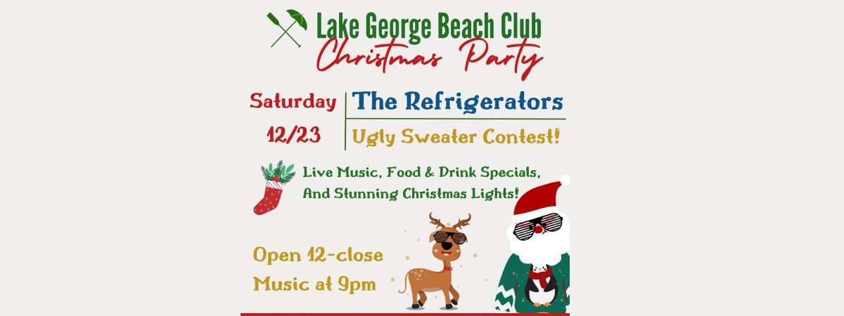 lake george beach club christmas party, the refrigerators, ugly sweater contest, food, drink