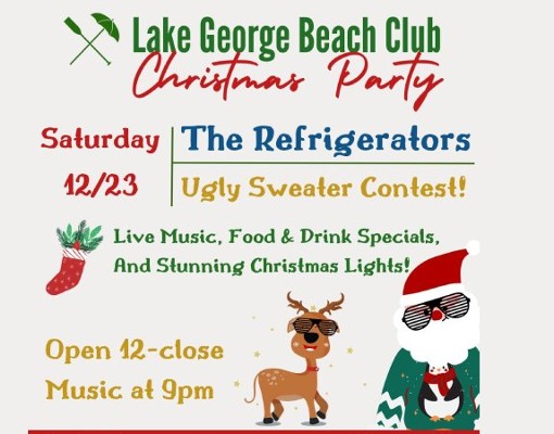 lake george beach club christmas party, the refrigerators, ugly sweater contest, food, drink