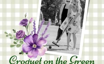 Croquet on the Green logo with black and white image of girl playing croquet 2024