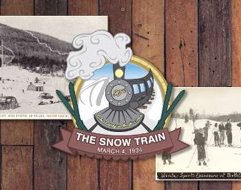 Snow train logo with two black and white images of the old Snow Trains and skiers at North Creek.