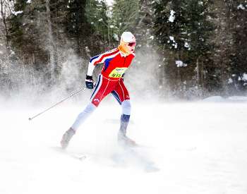 A young skier competing in the Lake Placid Loppet
