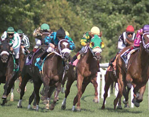 horses racing with jockeys