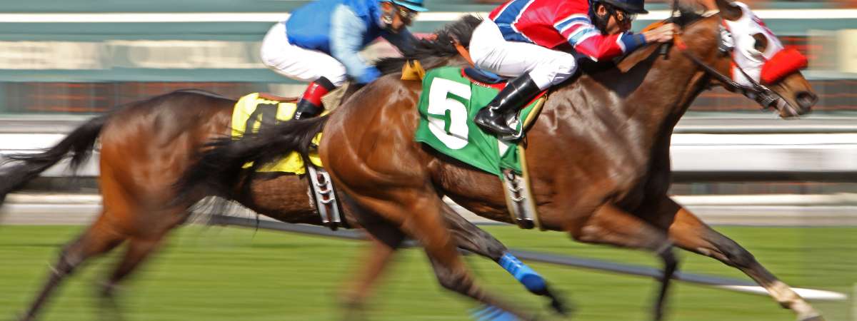 horses racing with jockeys