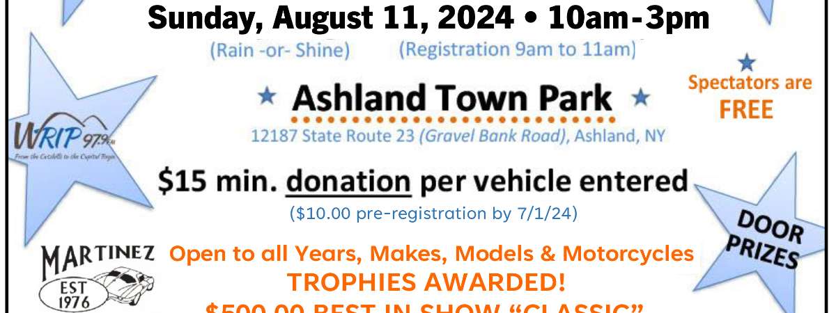 Cancer Patient Aid Car Show flyer - August 11, 2024 - All funds raised support Greene County cancer patients (men, women & children)