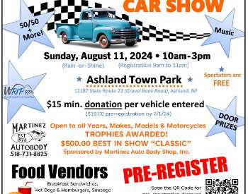 Cancer Patient Aid Car Show flyer - August 11, 2024 - All funds raised support Greene County cancer patients (men, women & children)