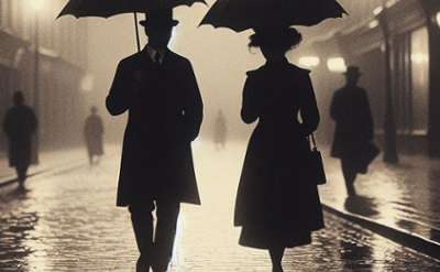 silhouette of two people with umbrellas walking down the street