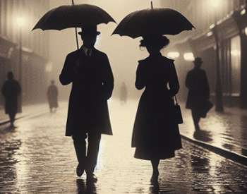 silhouette of two people with umbrellas walking down the street