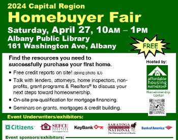Poster for April 27 Homebuyer Fair, 10-1pm, Albany Public Library, 161 Washington