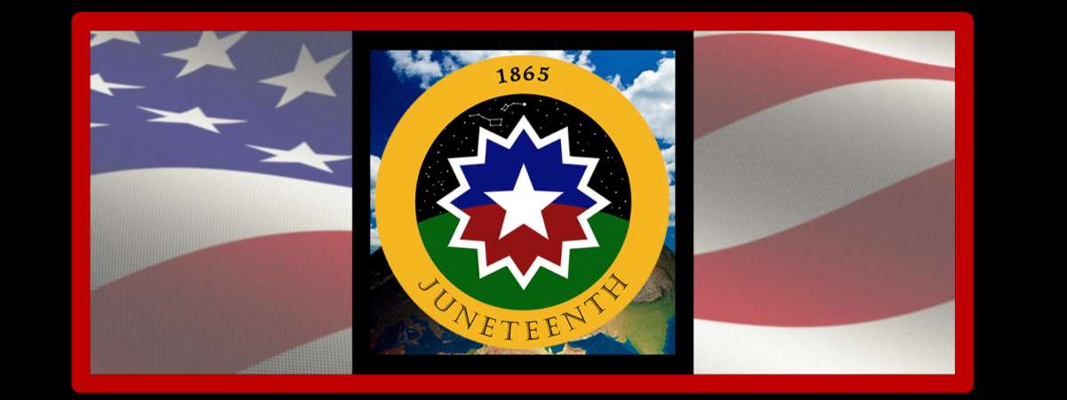 Saratoga Springs' Juneteenth logo & the American Flag