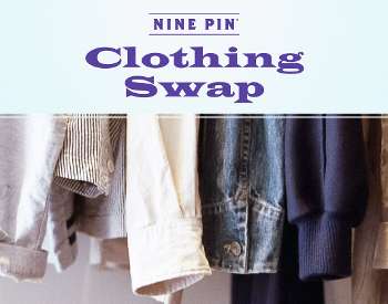 blue background with hanging clothing, text reads clothing swap