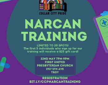 Purple and green background with Collar City Pride logo and in green writing the words, "Narcan Training"