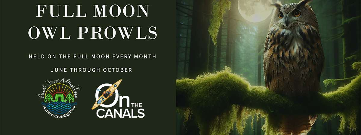 An owl with a full moon behind him, sitting on a mossy branch. The event description and logos for Hudson Crossing Park and On the Canals are also on the picture.