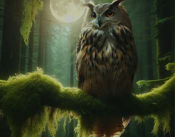 An owl with a full moon behind him, sitting on a mossy branch. The event description and logos for Hudson Crossing Park and On the Canals are also on the picture.