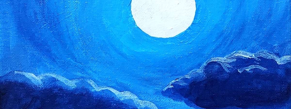 Acrylic painting of a lake with a full moon