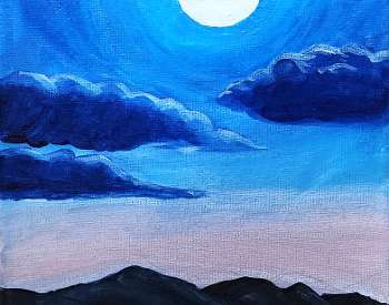 painting of moon rising over mountains in a deep blue sky