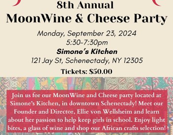 The MoonCatcher Project will host our 8th annual Wine and Cheese Party at Simone's Kitchen 121 Jay Street, Schenectady on Monday September 23 from 5:30-7:30. Tickets ($50) can be purchased at: https://www.mooncatcher.org/mwc-2024