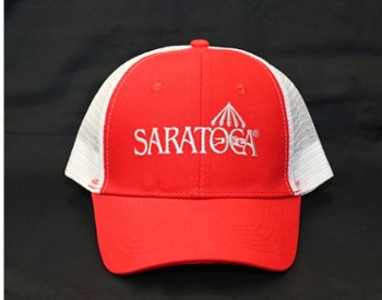 red and white saratoga trucker hat