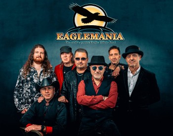 The tribute band, EagleMania, with their logo.