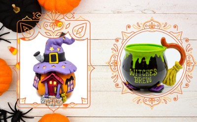 Ceramic pumpkin house and ceramic witches brew mug