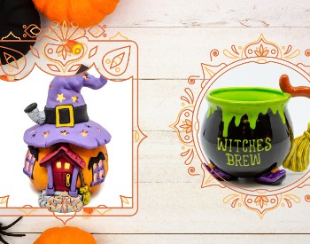 Ceramic pumpkin house and ceramic witches brew mug