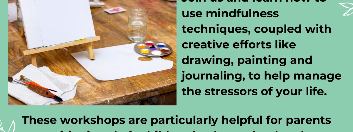 Art supplies on a table with a description of the class as written in this event post.