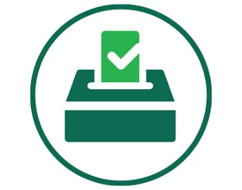 Skidmore Election Icon: Simple representation of a marked ballot entering a ballot box, in green.