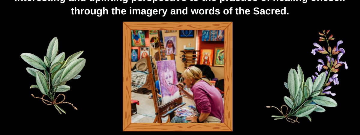 Photo of artist Katherine Skaggs painting in her studio on black background