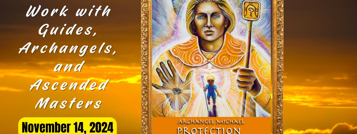 gold sky background, painted oracle card with Archangel Michael