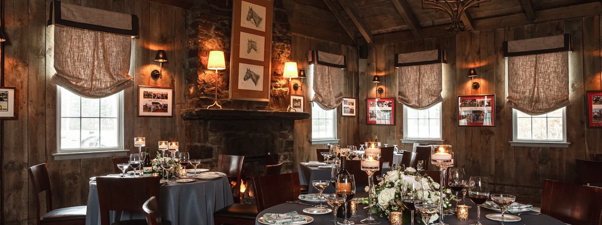 tables set up for food in a rustic restaurant