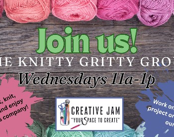 Knitty Gritty group, wednesdays 11 am to 1 pm with a wood background.