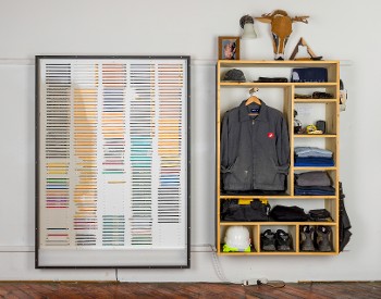 Costume Cabinet (studio), by Christopher Werner 2021-present clothes, tools, studio gear, and talismans 60’ x 37” x 12” pictured with Pencils, 1. photo credit: Alon Koppel @alonkoppel photography not for sale