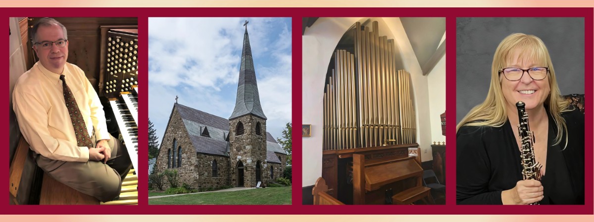 Collage of Bryan Kirk, organist, St. James' Episcopal Church, the Skinner Pipe Organ, and Holly Patterson on oboe.