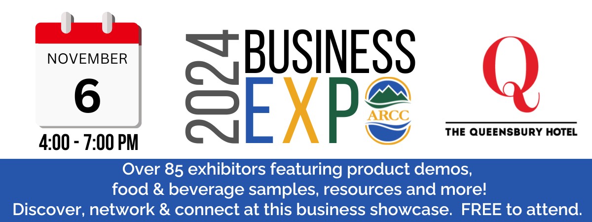 Calendar image with November 6 date and 4:00 - 7:00 pm time. 2024 ARCC Business Expo logo - over 85 exhibitors featuring product demos, food & beverage samples, resources and more! Discover, network & connect at this business showcase. FREE to attend - The Queensbury Hotel logo.