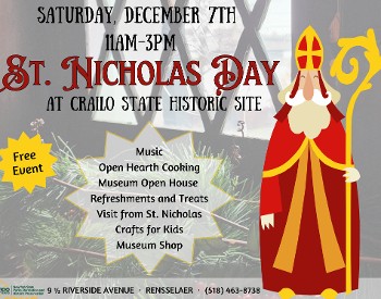 St. Nicholas imposed on image of one of Crailo's Windows. Saturday, December seventh from 11am to 3pm. 9 1/2 Riverside Ave, Rensselaer 518 463 8738