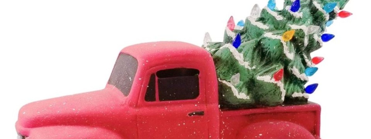 ceramic truck with a Christmas tree, gnome with Christmas tree and light up ceramic tree