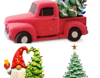 ceramic truck with a Christmas tree, gnome with Christmas tree and light up ceramic tree