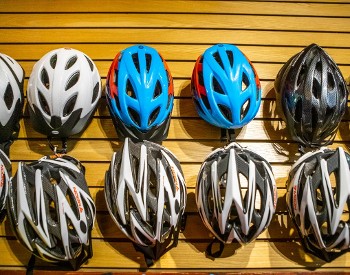 helmets hang on wall