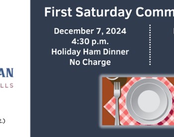 Banner promoting the First Saturday Community Supper with event details, including date, time, and location.