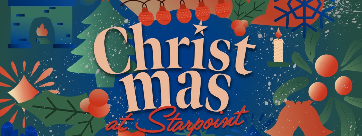 Red, green, and blue graphic that says "Christmas at Starpoint"