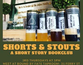 Shorts and Stouts, a short story bookclub featuring images of a flight of beer