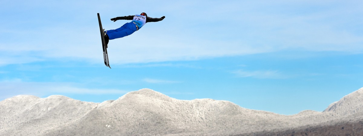 Freestyle aerials athlete in competition in Lake Placid.