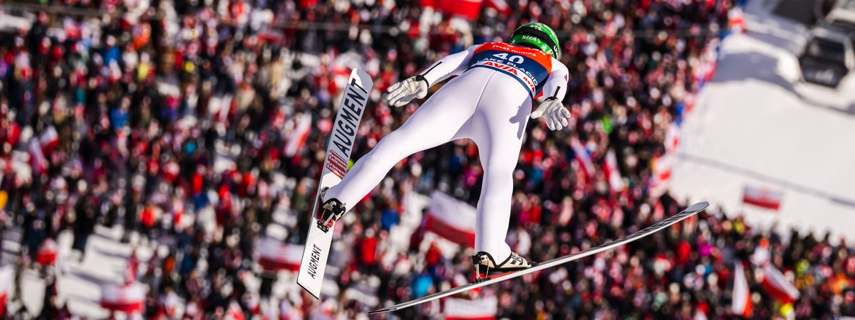 World Cup ski jumper flies high above the crowd.