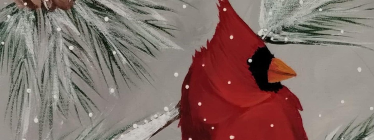 Painting of a red cardinal in a snow covered pine tree with pinecones