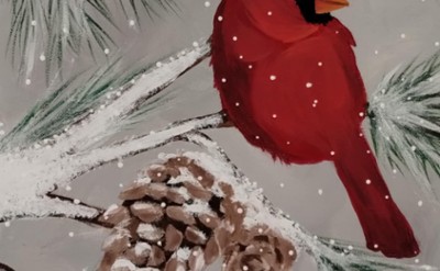 Painting of a red cardinal in a snow covered pine tree with pinecones