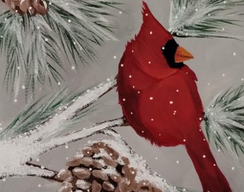 Painting of a red cardinal in a snow covered pine tree with pinecones